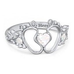 Baby Footprints Ring with Heart Cut Gemstone and Accents in 925 Sterling Silver with Opal