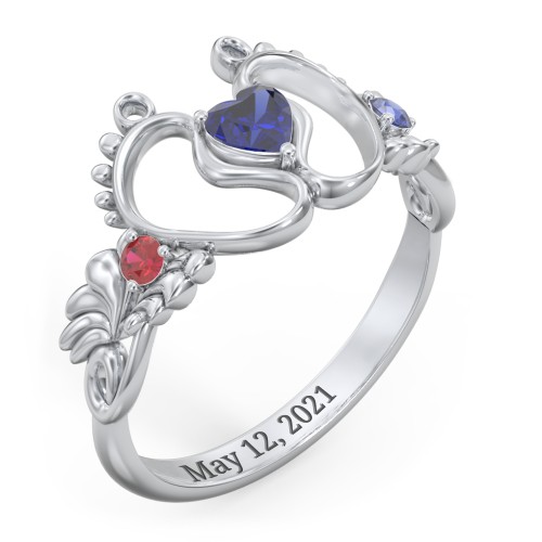 Baby Footprints Ring with Heart Cut Gemstone and Accents – Sterling Silver with Blue Sapphire and Garnet