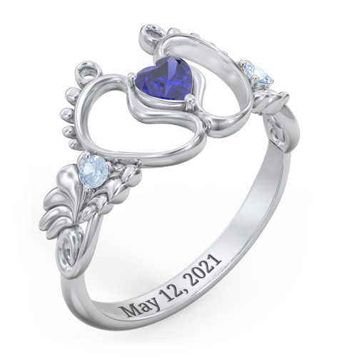 Baby Footprints Ring with Heart Cut Gemstone and Accents – Sterling Silver with Blue Sapphire and Blue Topaz