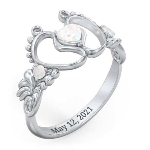 Baby Footprints Ring with Heart Cut Gemstone and Accents – Sterling Silver with Opal