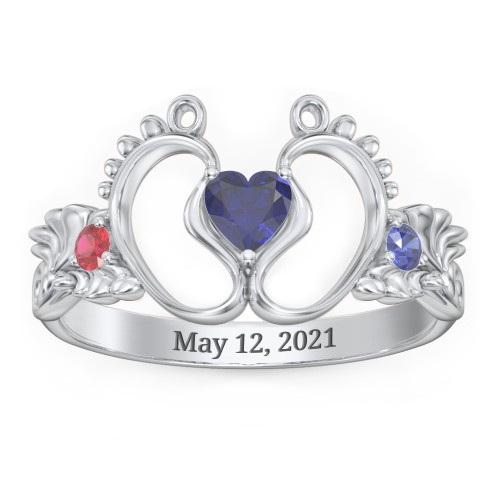 Baby Footprints Ring with Heart Cut Gemstone and Accents – Sterling Silver with Blue Sapphire and Garnet