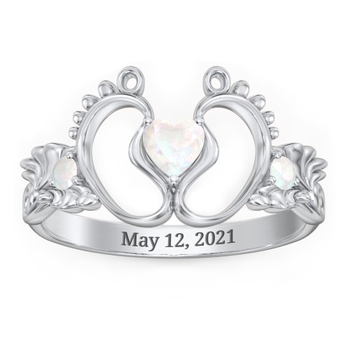 Baby Footprints Ring with Heart Cut Gemstone and Accents – Sterling Silver with Opal