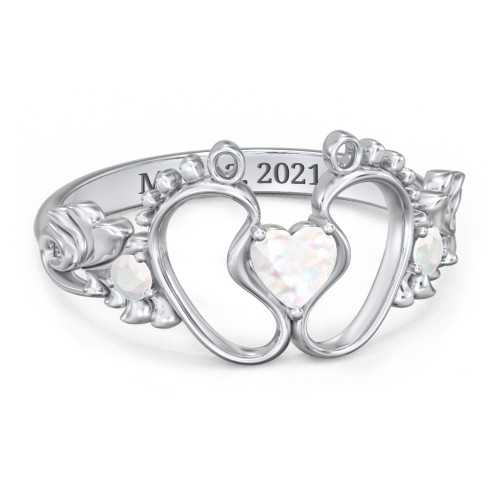 Baby Footprints Ring with Heart Cut Gemstone and Accents – Sterling Silver with Opal