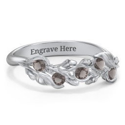 Organic Leaf Five Stone Family Ring in 925 Sterling Silver with Smokey Quartz