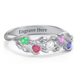 Organic Leaf Five Stone Family Ring in 925 Sterling Silver with Emerald, Ruby, Cubic Zirconia, Amethyst, and Blue Sapphire