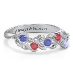 Organic Leaf Five Stone Family Ring in 925 Sterling Silver with Blue Sapphire, Garnet, and Tanzanite