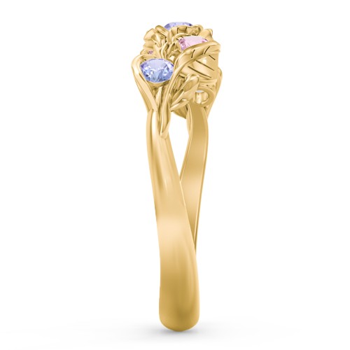 Organic Leaf Five Stone Family Ring – 9kt Yellow Gold with Tanzanite and Pink Tourmaline