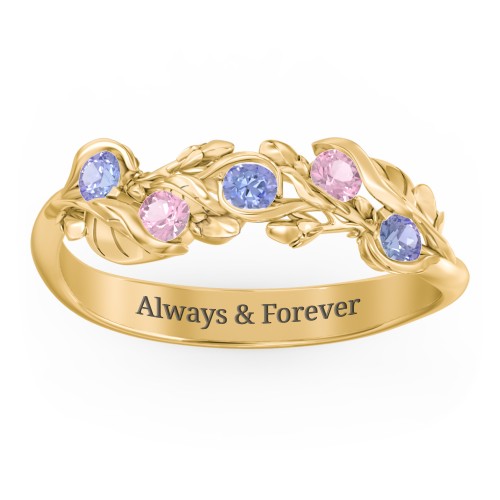 Organic Leaf Five Stone Family Ring – 9kt Yellow Gold with Tanzanite and Pink Tourmaline