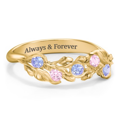 Organic Leaf Five Stone Family Ring – 9kt Yellow Gold with Tanzanite and Pink Tourmaline