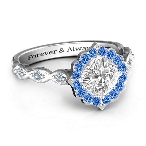 Vintage Glamour Ring With Accent Stones – Sterling Silver with White Premium Zirconia, Fancy Blue Premium Zirconia, and Cubic Zirconia