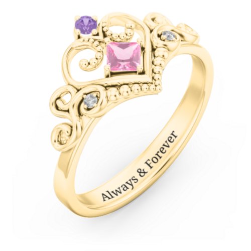 Fairytale Princess Tiara Ring – 9kt Yellow Gold with Pink Tourmaline, Amethyst, and White Premium Zirconia