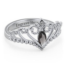 Heart Tiara Ring with Marquise Gemstone in 925 Sterling Silver with Smokey Quartz, Black Premium Zirconia, and Cubic Zirconia