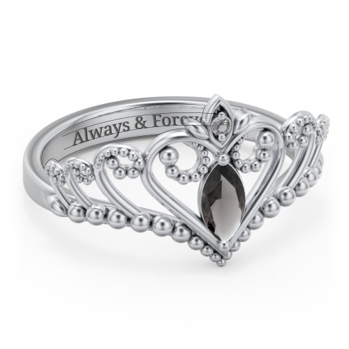 Heart Tiara Ring with Marquise Gemstone – Sterling Silver with Smokey Quartz and Black Premium Zirconia