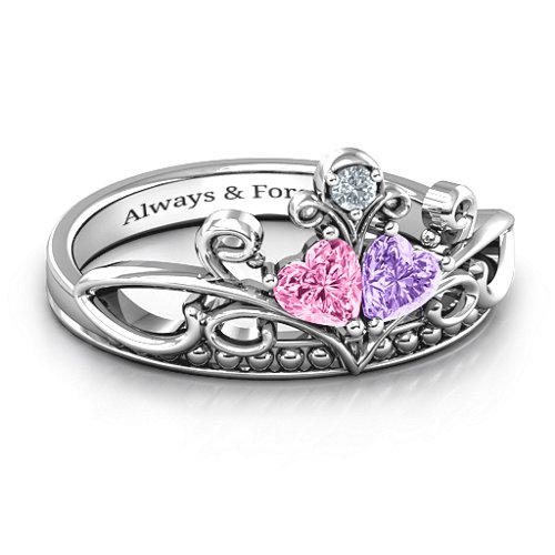 Ever Enchanted Double Heart Tiara Ring – Sterling Silver with Pink Tourmaline, Amethyst, and Cubic Zirconia