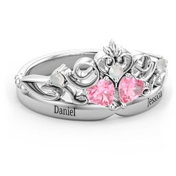 Engravable Double Heart Gemstone Tiara Ring with Accents