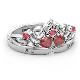 Engravable Double Heart Gemstone Tiara Ring with Accents