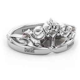 Engravable Double Heart Gemstone Tiara Ring with Accents