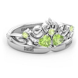 Engravable Double Heart Gemstone Tiara Ring with Accents