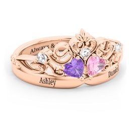 Engravable Double Heart Gemstone Tiara Ring with Accents
