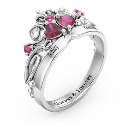 Engravable Double Heart Gemstone Tiara Ring with Accents