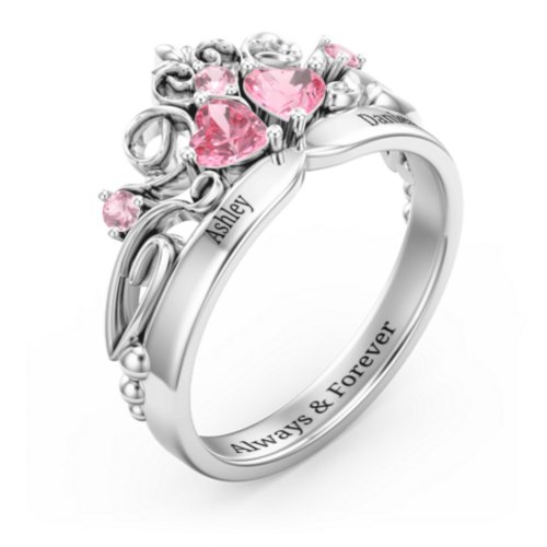 Engravable Double Heart Gemstone Tiara Ring with Accents