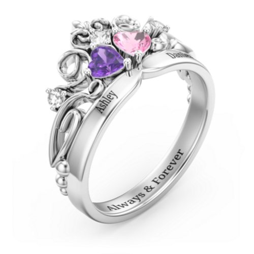 Engravable Double Heart Gemstone Tiara Ring with Accents
