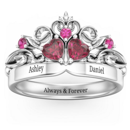 Engravable Double Heart Gemstone Tiara Ring with Accents