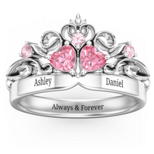 Engravable Double Heart Gemstone Tiara Ring with Accents