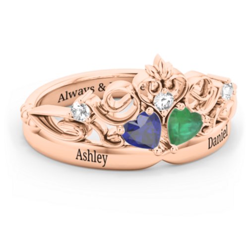 Engravable Double Heart Gemstone Tiara Ring with Accents