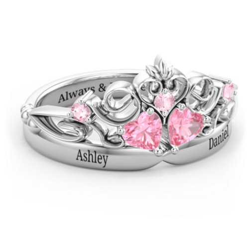 Engravable Double Heart Gemstone Tiara Ring with Accents