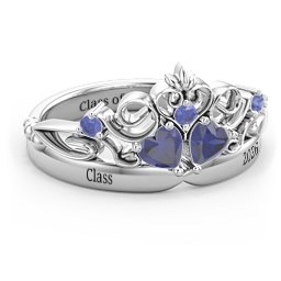 Engravable Double Heart Gemstone Tiara Ring with Accents in 925 Sterling Silver with Blue Sapphire