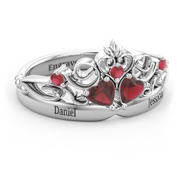 Engravable Double Heart Gemstone Tiara Ring with Accents in 925 Sterling Silver with Garnet
