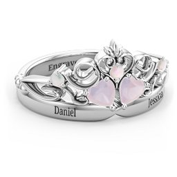 Engravable Double Heart Gemstone Tiara Ring with Accents in 925 Sterling Silver with Opal