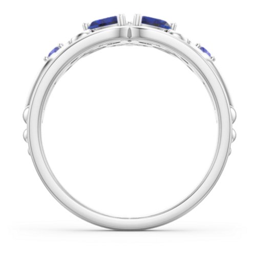 Engravable Double Heart Gemstone Tiara Ring with Accents – Sterling Silver with Blue Sapphire