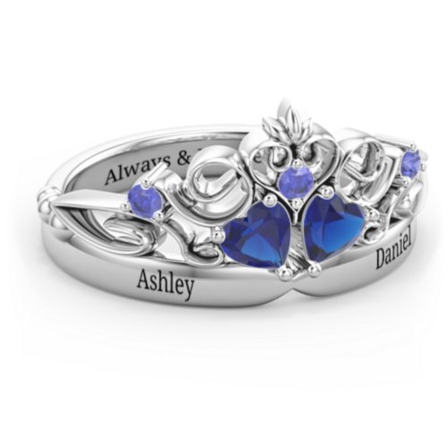 Engravable Double Heart Gemstone Tiara Ring with Accents – Sterling Silver with Blue Sapphire