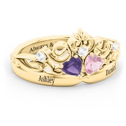 Engravable Double Heart Gemstone Tiara Ring with Accents in 9K Solid Yellow Gold with Amethyst, Pink Tourmaline, and Cubic Zirconia