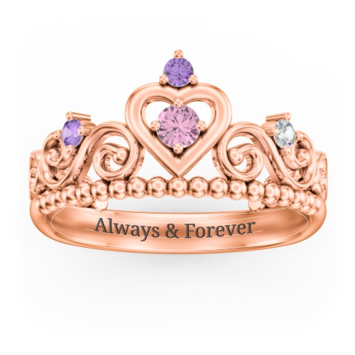 Multi Gemstone Tiara Ring with Scroll and Bead Detailing – 9kt Rose Gold with Pink Tourmaline, Amethyst, and Cubic Zirconia