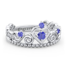 Multi Gemstone Tiara Ring with Scroll and Bead Detailing in 925 Sterling Silver with Blue Sapphire