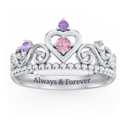 Multi Gemstone Tiara Ring with Scroll and Bead Detailing – Sterling Silver with Pink Tourmaline, Amethyst, and Cubic Zirconia