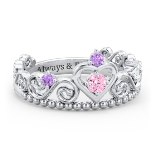 Multi Gemstone Tiara Ring with Scroll and Bead Detailing – Sterling Silver with Pink Tourmaline, Amethyst, and Cubic Zirconia