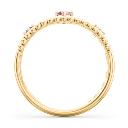 Multi Gemstone Tiara Ring with Scroll and Bead Detailing – 9kt Yellow Gold with Pink Tourmaline, Amethyst, and Cubic Zirconia
