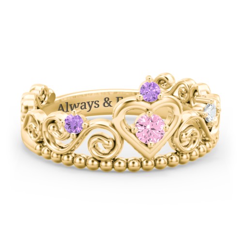 Multi Gemstone Tiara Ring with Scroll and Bead Detailing – 9kt Yellow Gold with Pink Tourmaline, Amethyst, and Cubic Zirconia