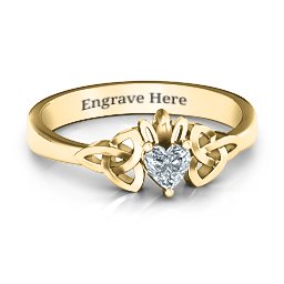 Trinity Knot Heart Crown Ring in 9K Solid Yellow Gold with Cubic Zirconia and Amethyst