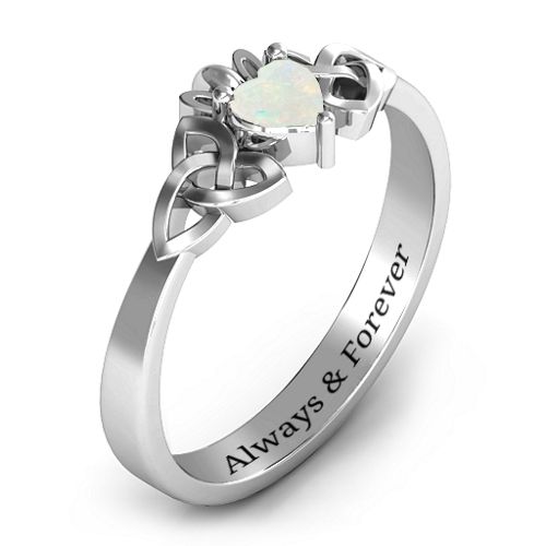 Trinity Knot Heart Crown Ring – Sterling Silver with Opal