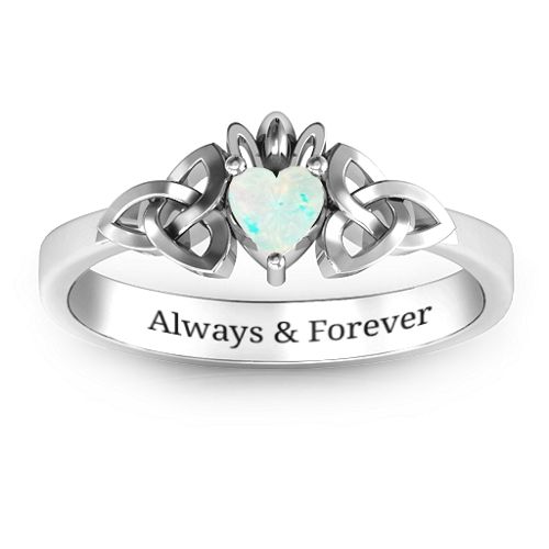 Trinity Knot Heart Crown Ring – Sterling Silver with Opal