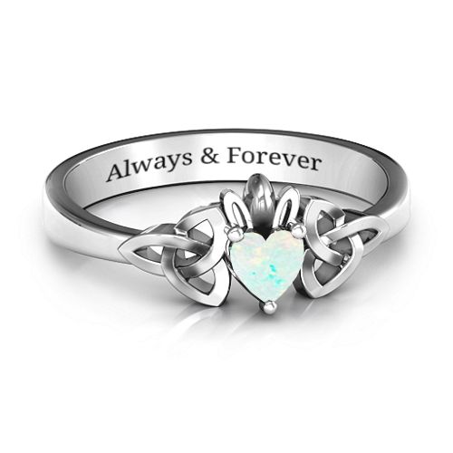 Trinity Knot Heart Crown Ring – Sterling Silver with Opal