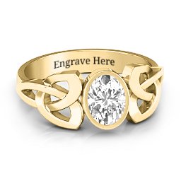Trinity Knot Ring With Bezel-Set Oval Stone in 9K Solid Yellow Gold with White Premium Zirconia, Amethyst, and Cubic Zirconia