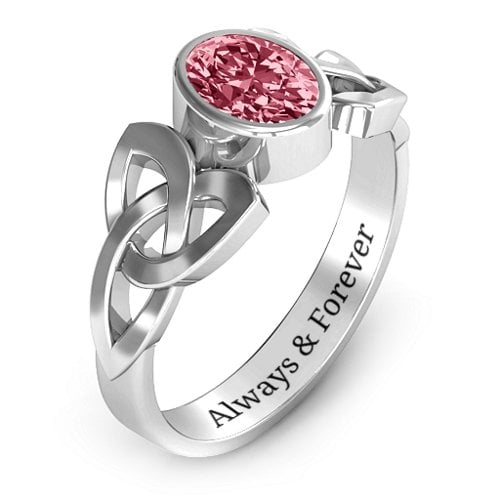 Trinity Knot Ring With Bezel-Set Oval Stone – Sterling Silver with Red Premium Zirconia