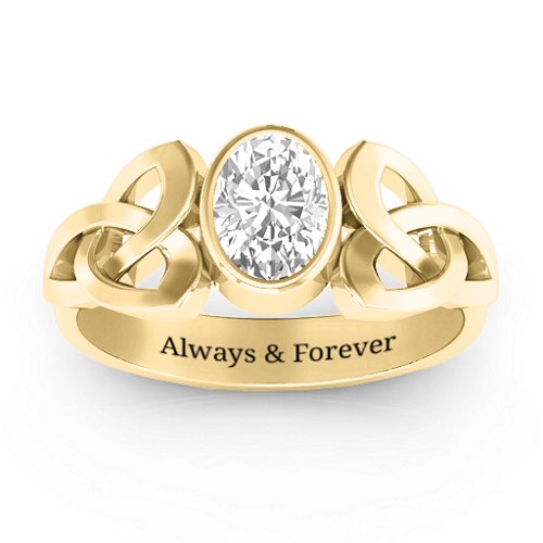 Trinity Knot Ring With Bezel-Set Oval Stone – 9kt Yellow Gold with White Premium Zirconia