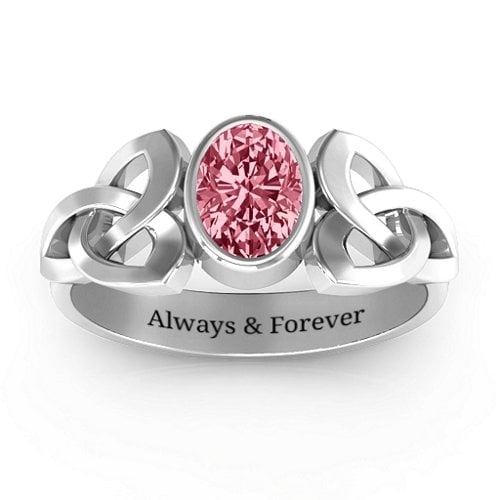 Trinity Knot Ring With Bezel-Set Oval Stone – Sterling Silver with Red Premium Zirconia